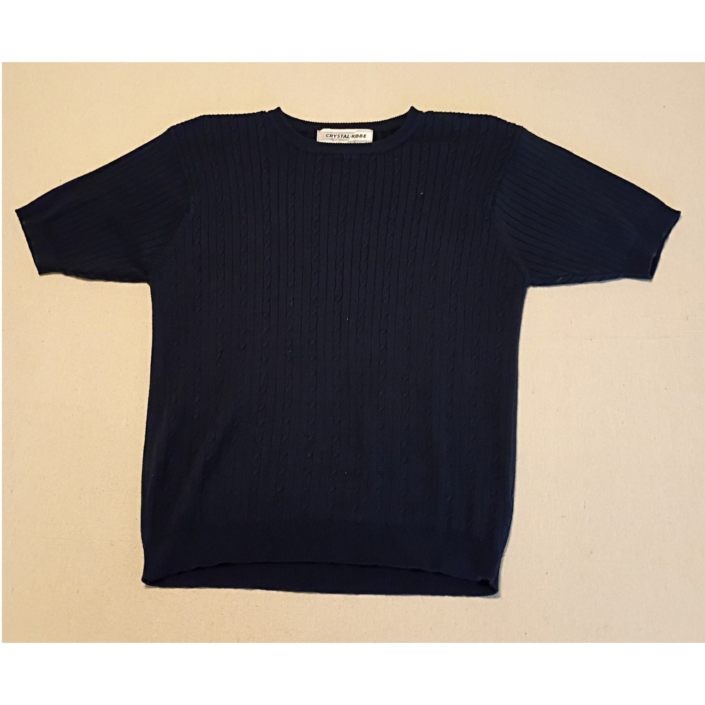 Crystal Kobe Navy Blue Cable Knit Short Sleeve Sweater Crew Neck Women Large